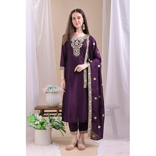 Pratham Blue Women's Silk Embroidered Straight Kurta Palazzos With Dupatta |Kurta Sets For Women |Women's Kurta |Women Embroidered Kurta Sets Kurtis (Bkp-1035-S_Purple)