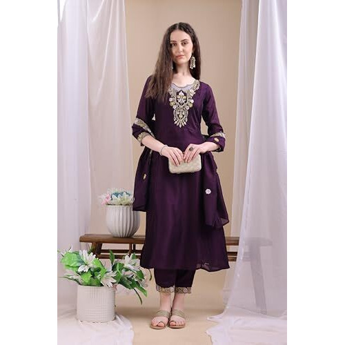 Pratham Blue Women's Silk Embroidered Straight Kurta Palazzos With Dupatta |Kurta Sets For Women |Women's Kurta |Women Embroidered Kurta Sets Kurtis (Bkp-1035-S_Purple)