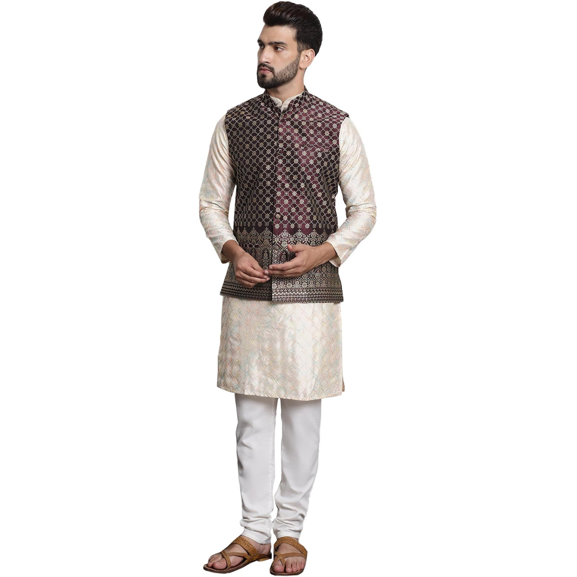 Sojanya (Since 1958 Men's Silk Blend Cream Kurta And Of-White Pyjama With Wine Nehru Jacket