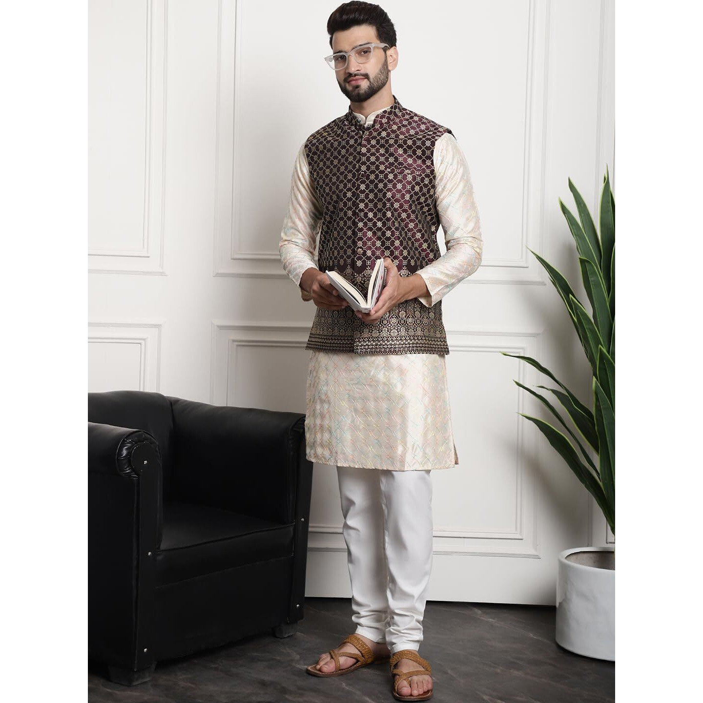 Sojanya (Since 1958 Men's Silk Blend Cream Kurta And Of-White Pyjama With Wine Nehru Jacket