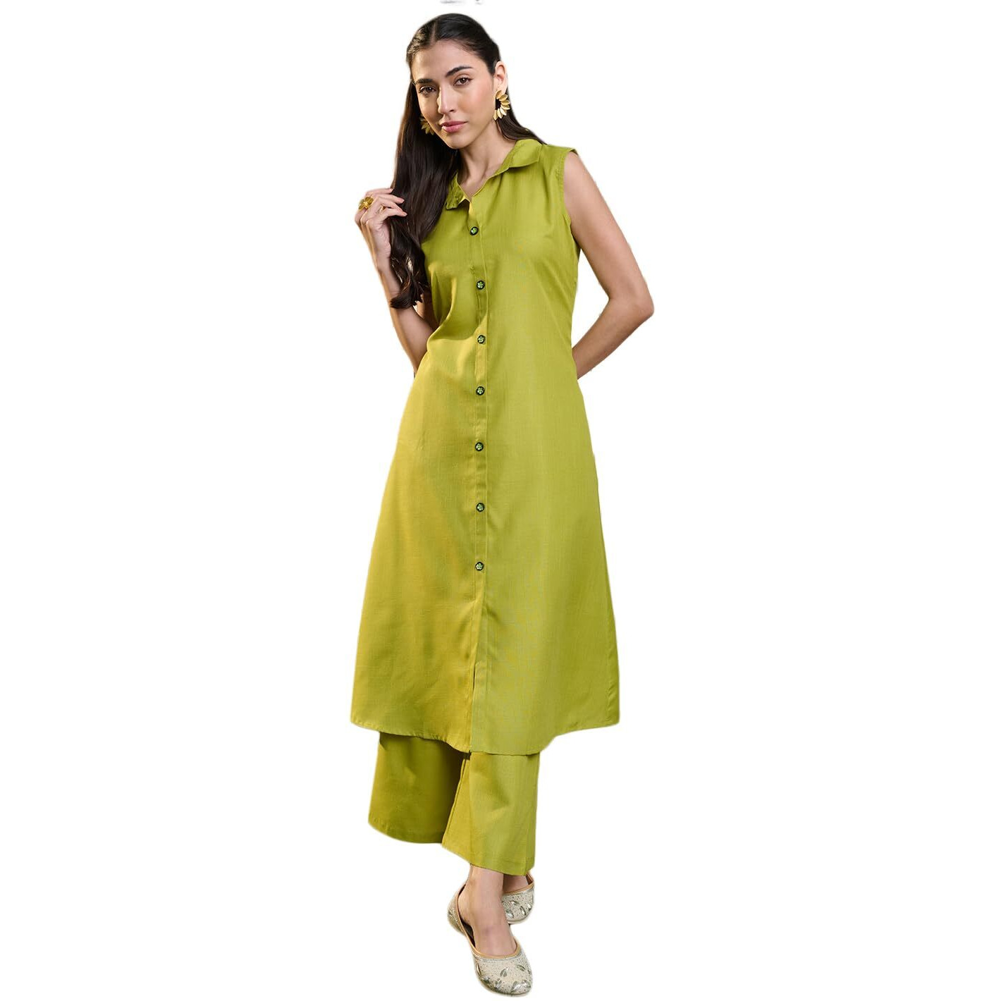 Stylum Women's Solid Cotton Blend Kurta Pant Set (Kpgreencurry34_Green, Xs)