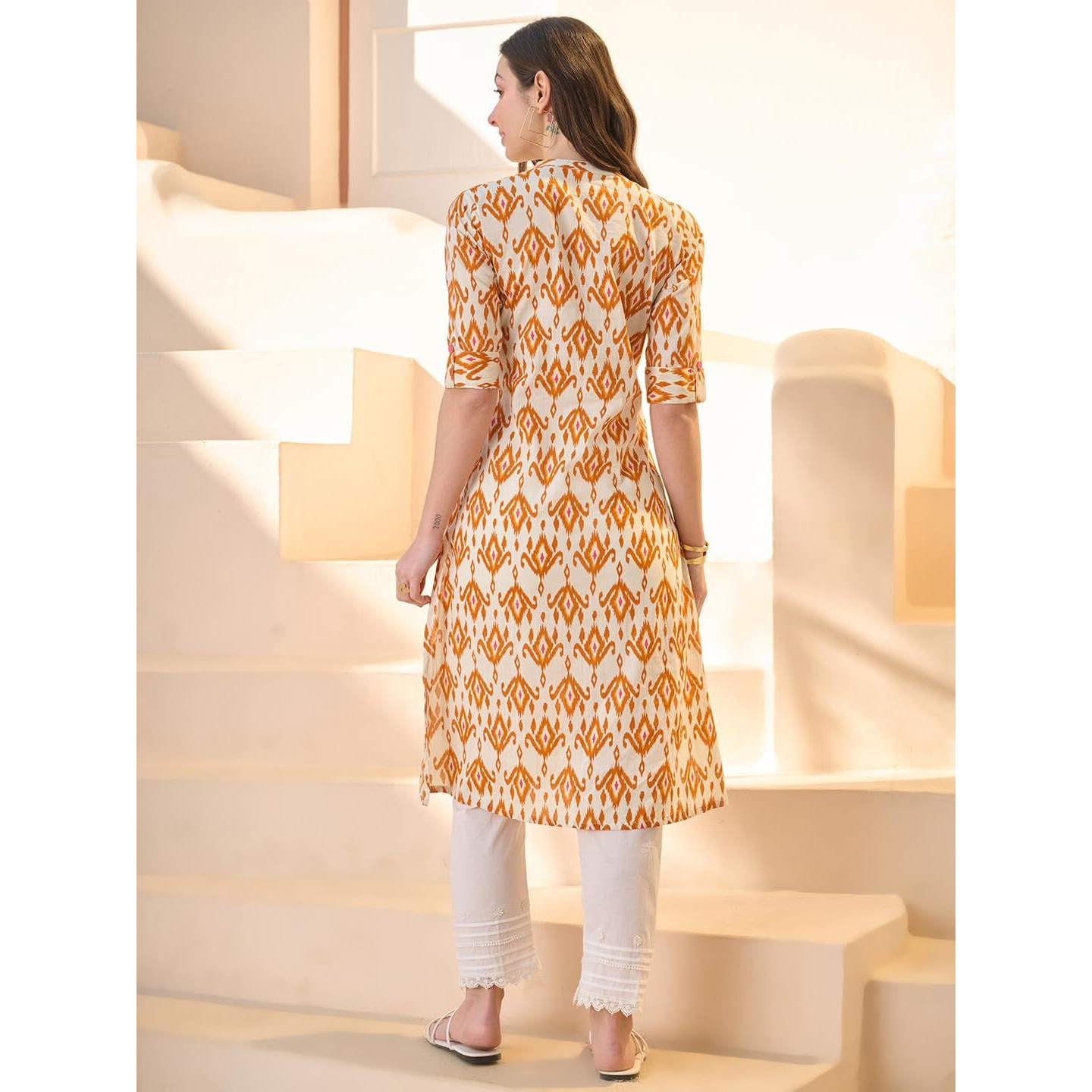 Stylum Women's Ikat Printed Cotton A-Line Kurta (Orangecheema40_Orange, L)