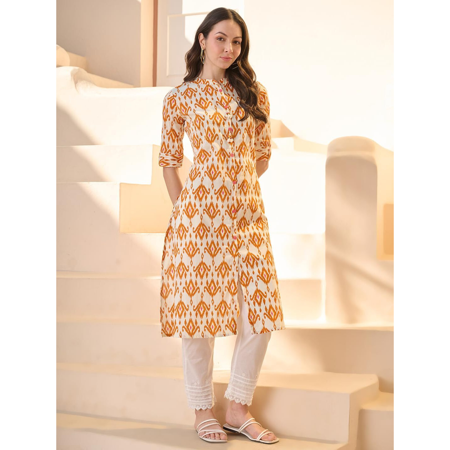 Stylum Women's Ikat Printed Cotton A-Line Kurta (Orangecheema40_Orange, L)