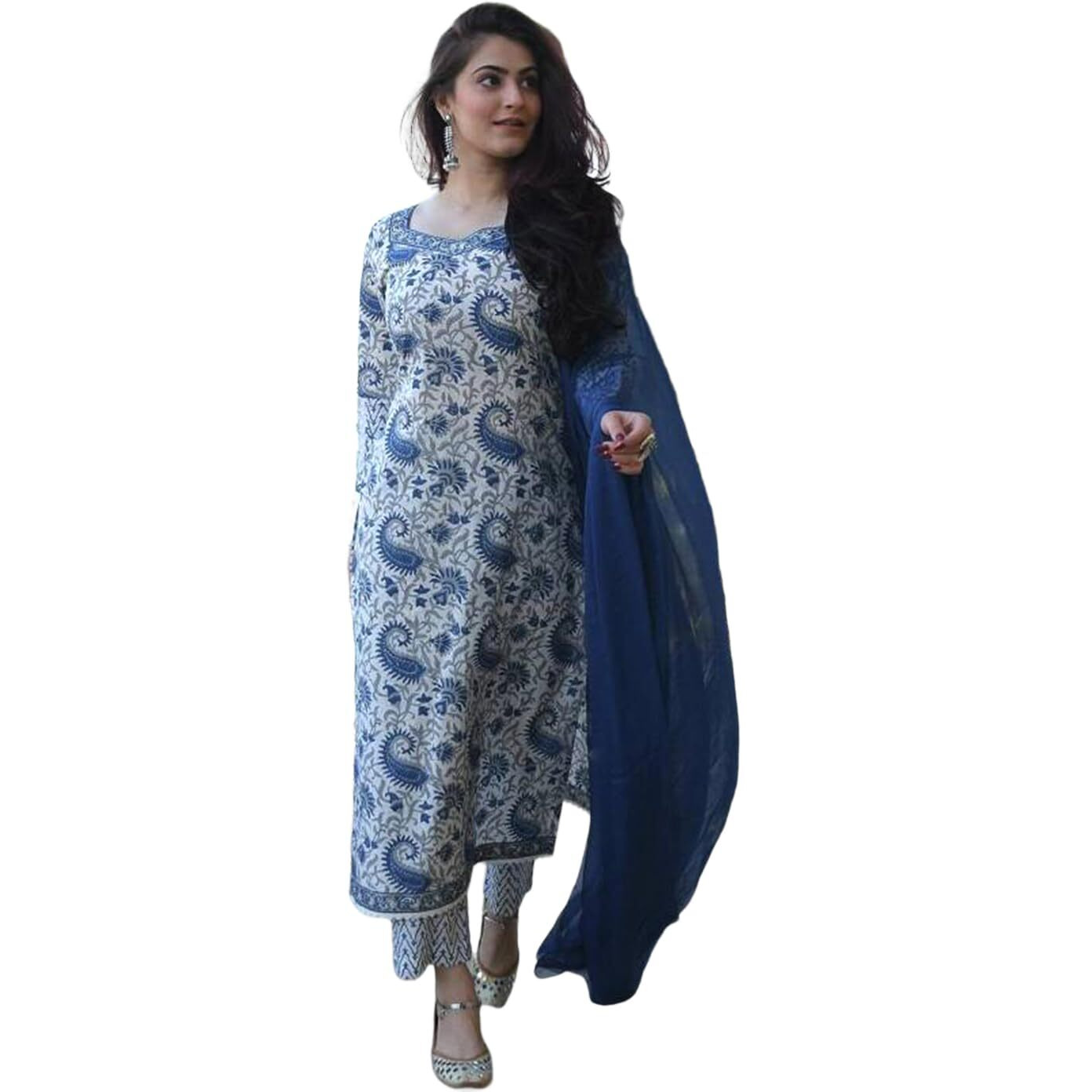 Tee Projekt Women's Cotton Blend Mandarin Collar Straight Kurta Pant With Dupatta Set Ll Paisley Print Kurta Set With Dupatta Light Blue