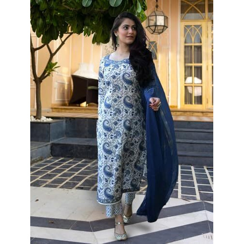 Tee Projekt Women's Cotton Blend Mandarin Collar Straight Kurta Pant With Dupatta Set Ll Paisley Print Kurta Set With Dupatta Light Blue