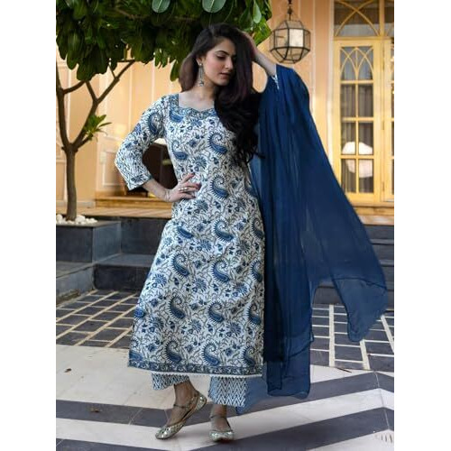 Tee Projekt Women's Cotton Blend Mandarin Collar Straight Kurta Pant With Dupatta Set Ll Paisley Print Kurta Set With Dupatta Light Blue