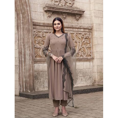Womanista Women's Georgette Flared Solid Kurta Set (Kurtaset_1382_Nude
