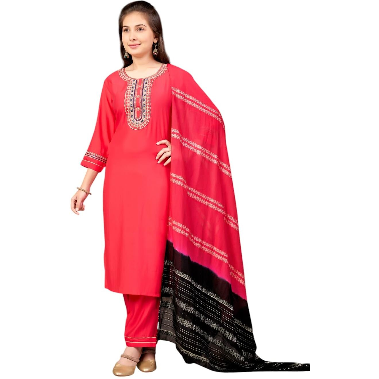 Aarika Girls Ethnic Wear Gajri Colour Sequin Embroidery Silk Kurti Pant Set-10-15 Years (Kp-Sd-6001)