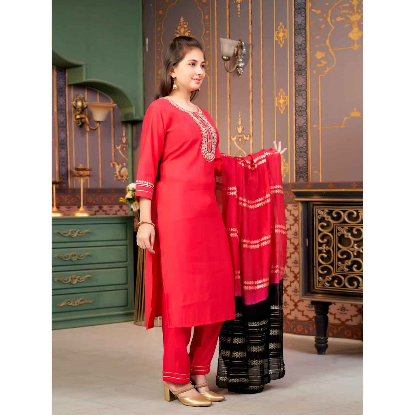 Aarika Girls Ethnic Wear Gajri Colour Sequin Embroidery Silk Kurti Pant Set-10-15 Years (Kp-Sd-6001)