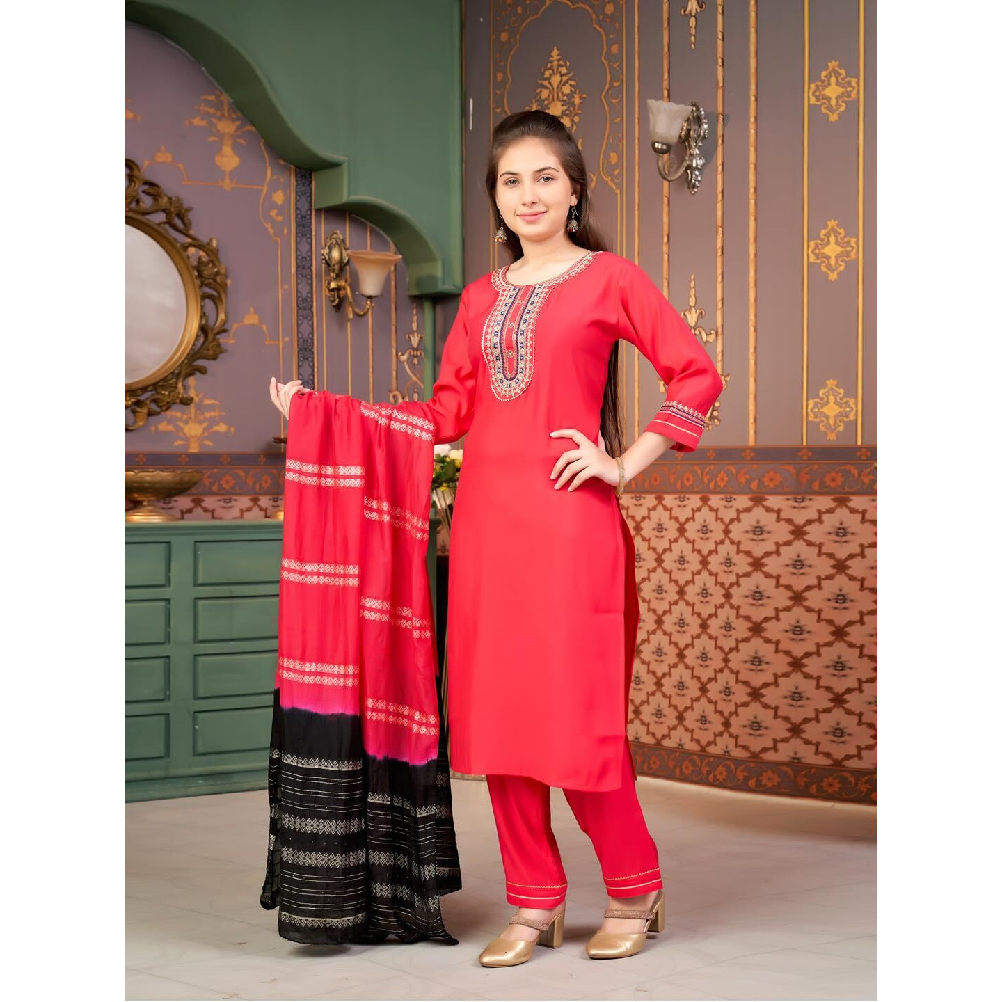 Aarika Girls Ethnic Wear Gajri Colour Sequin Embroidery Silk Kurti Pant Set-10-15 Years (Kp-Sd-6001)