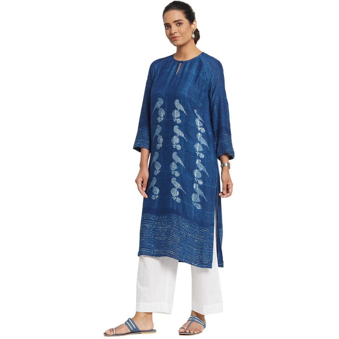 Fabindia Women Blend Printed Straight Long Kurta Viscose_Xs Blue