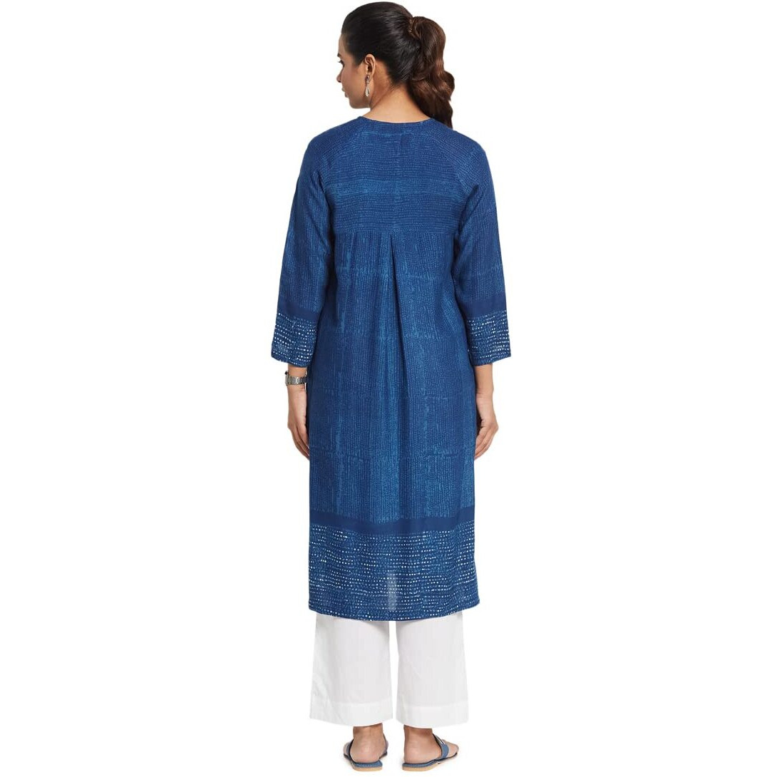 Fabindia Women Blend Printed Straight Long Kurta Viscose_Xs Blue