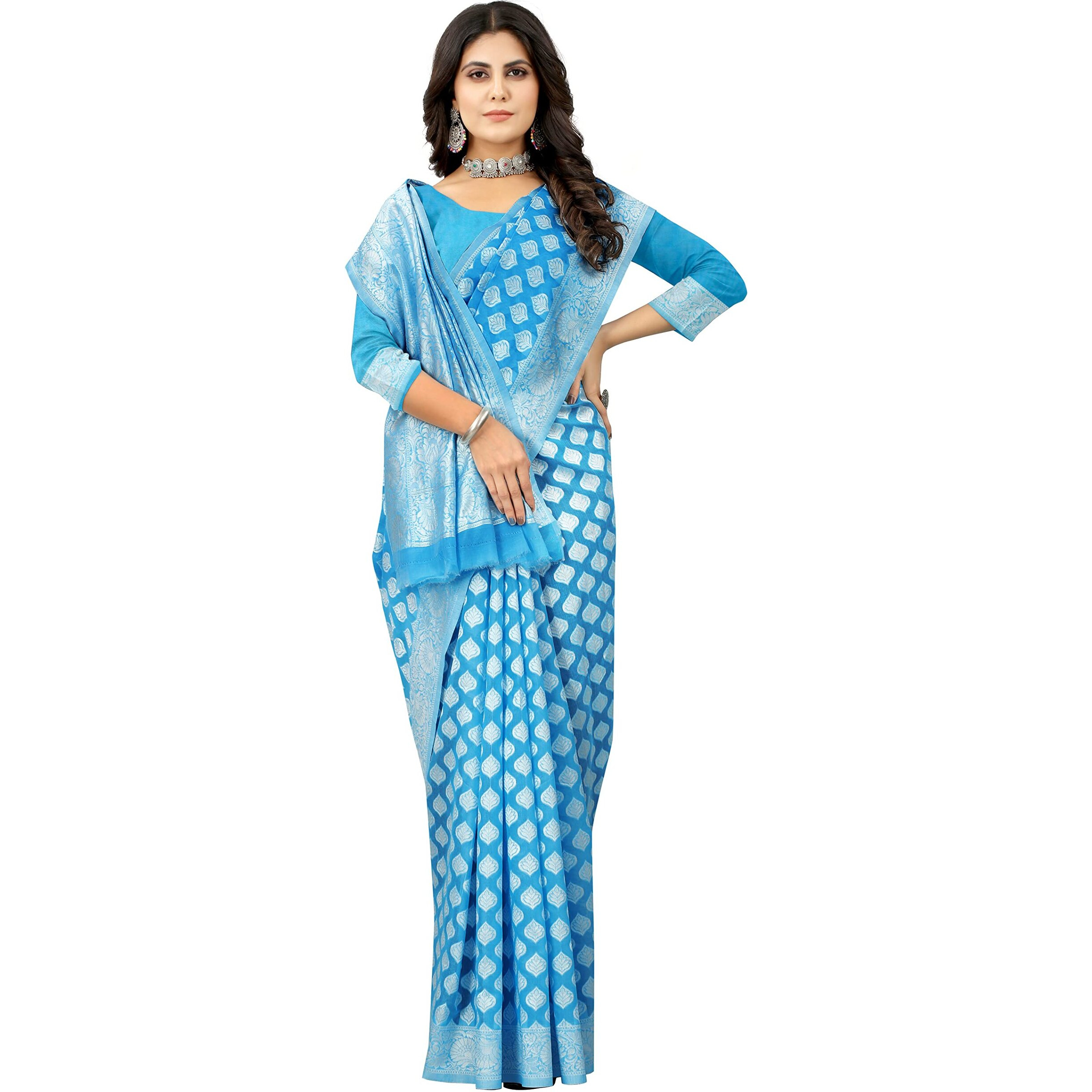 Flosive Women's Beautiful Kanjivaram Silk Saree With Zari Weaving With Blouse (Firozi)