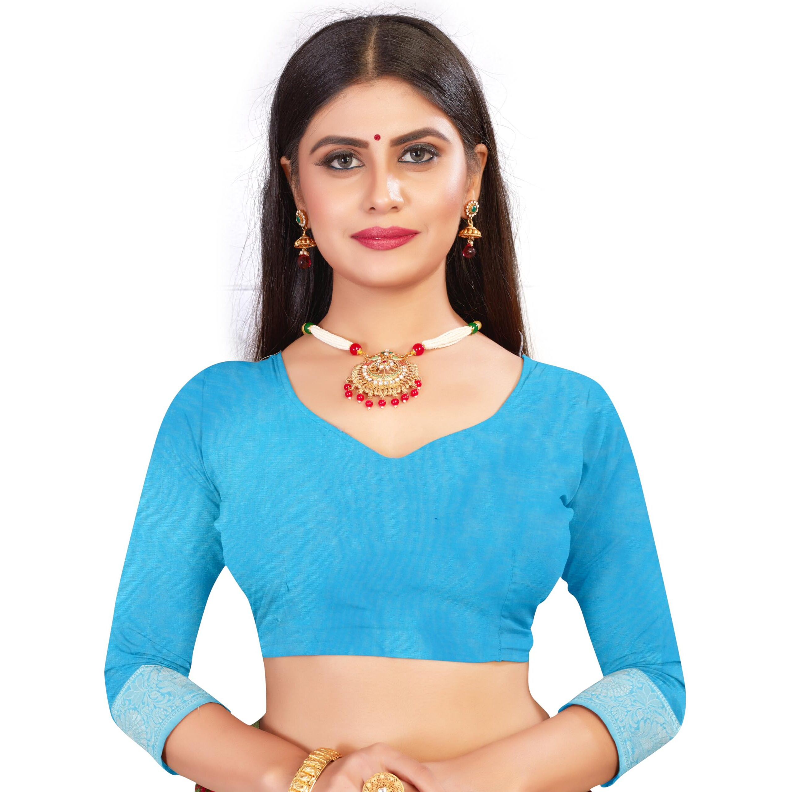Flosive Women's Beautiful Kanjivaram Silk Saree With Zari Weaving With Blouse (Firozi)