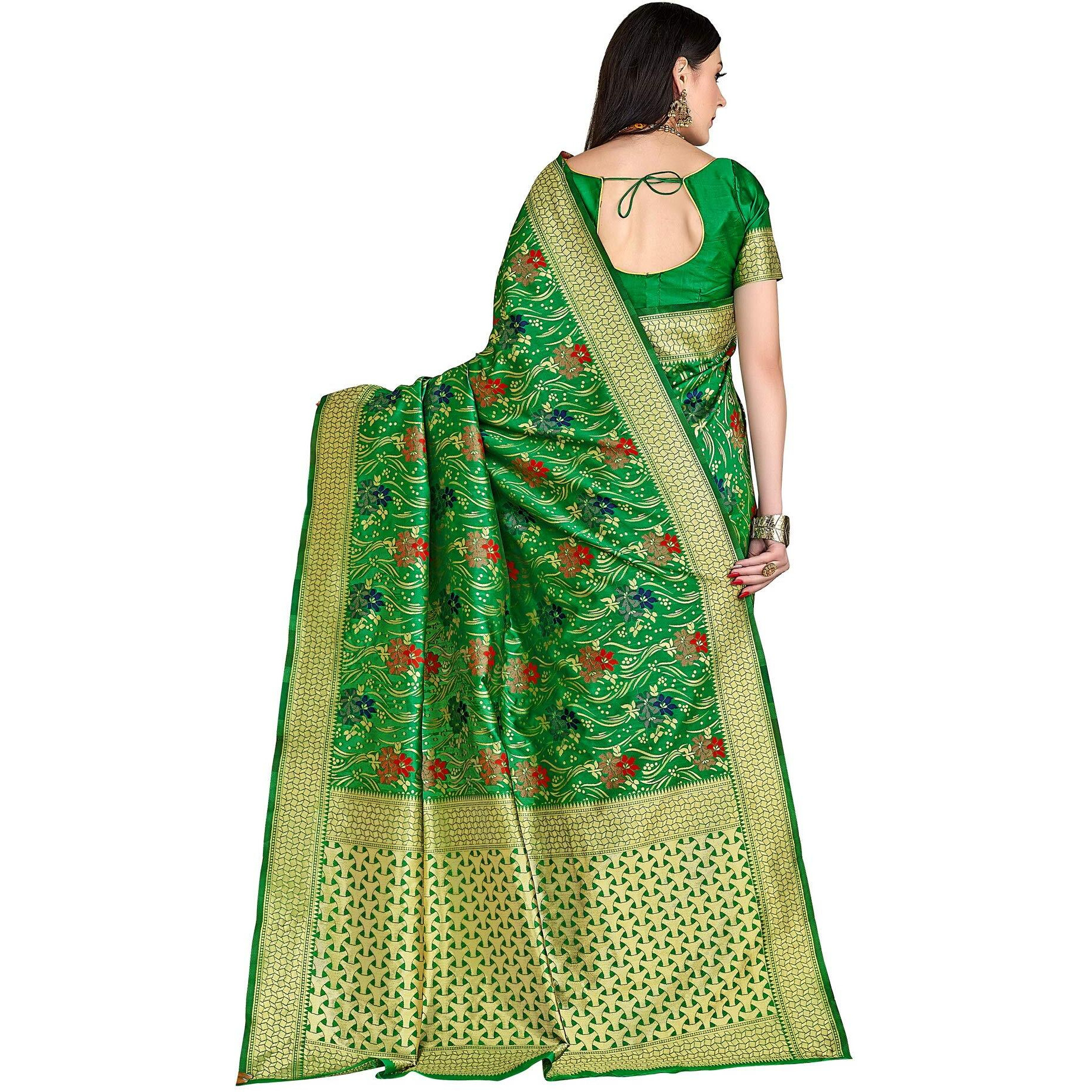 Glory Sarees Womens Silk Blend Banarasi Saree (Bridal_Silk111_Green_Green)