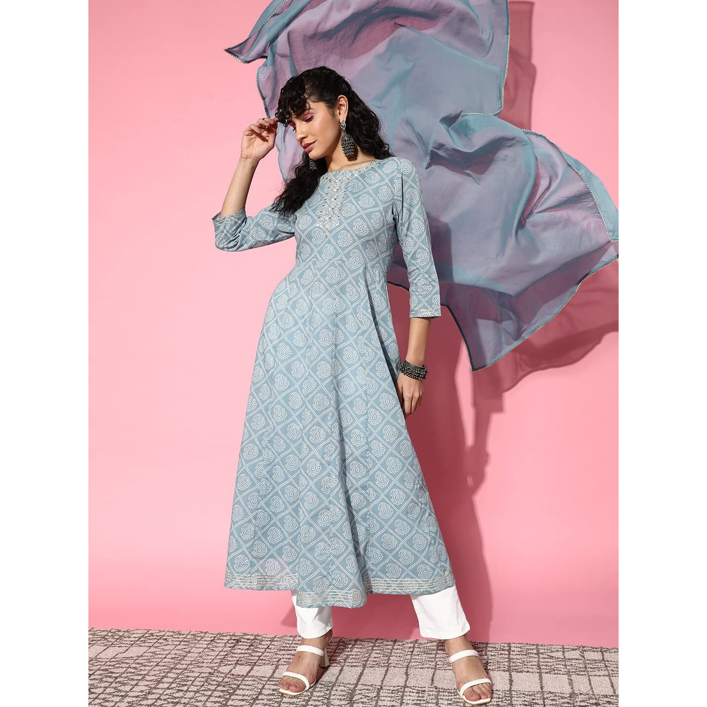 Ishin Women's Cotton Blend Blue Embroidered Anarkali Kurta With Dupatta