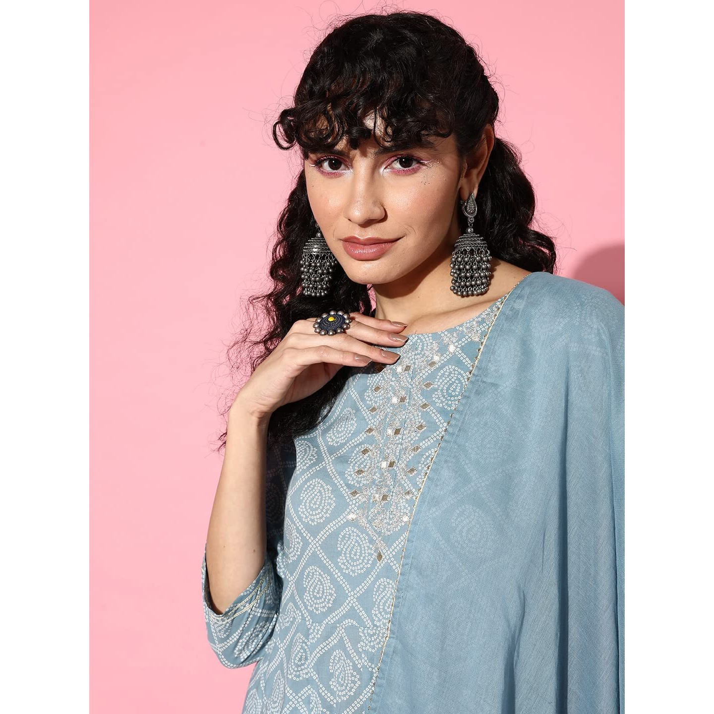 Ishin Women's Cotton Blend Blue Embroidered Anarkali Kurta With Dupatta