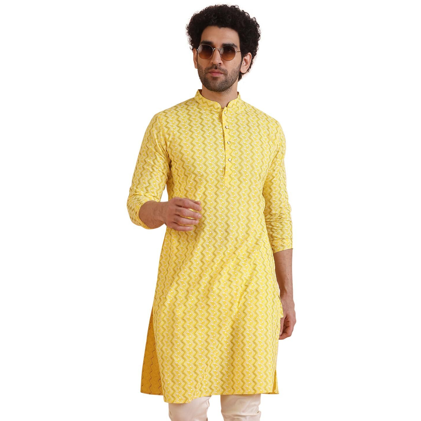 Kisah Men Silk Straight Kurta Full Sleaves, Knee Length, Straight, Regular Fit, Mandarin Collar Ethnic Wear-Yellow -42