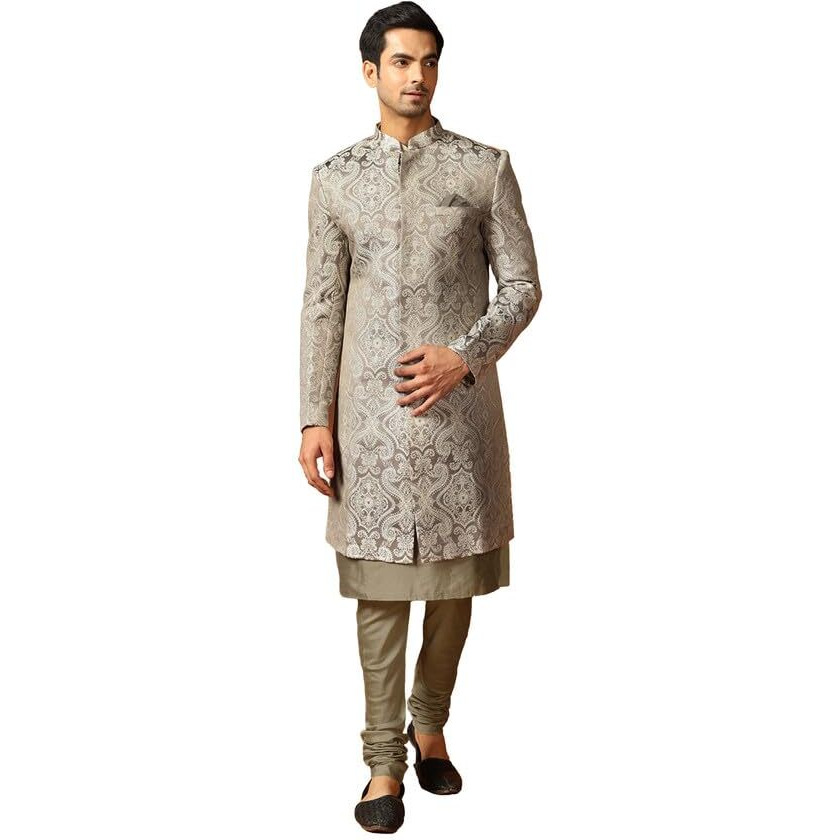Kisah Mens Kurta Sherwani Churidar Set, Woven Design Silk Blend Grey Kurta Indo-Western Set For Men, 44