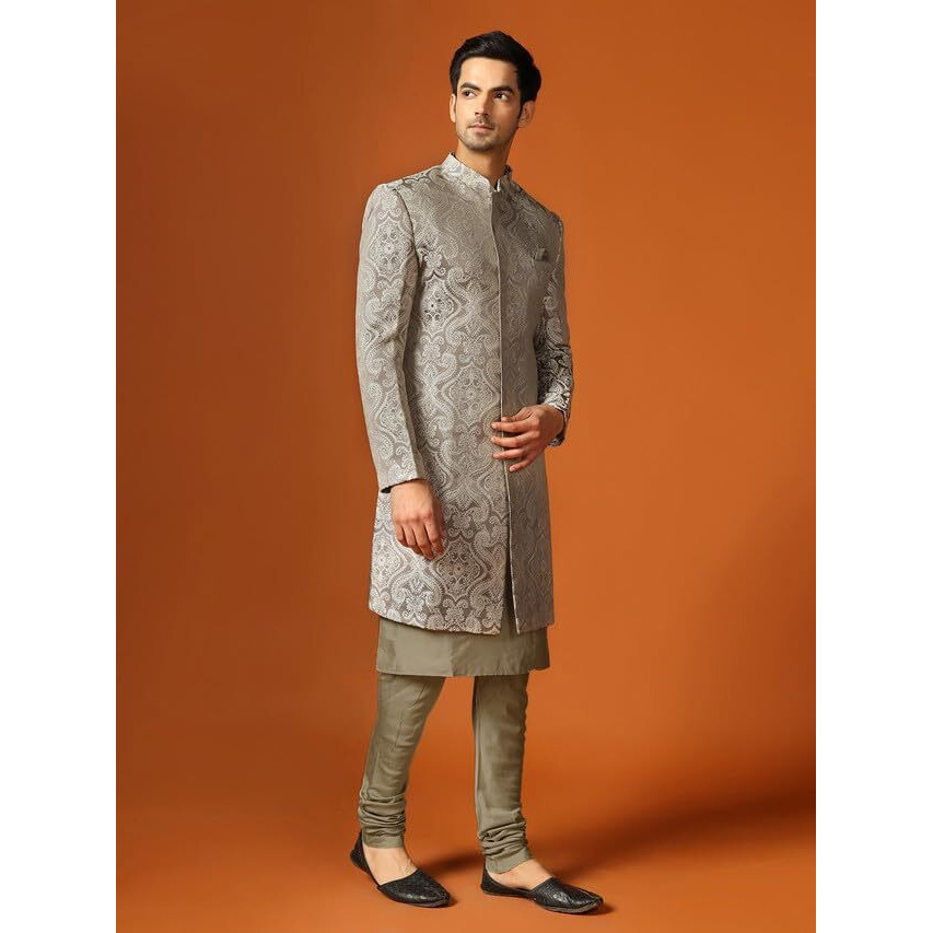 Kisah Mens Kurta Sherwani Churidar Set, Woven Design Silk Blend Grey Kurta Indo-Western Set For Men, 44