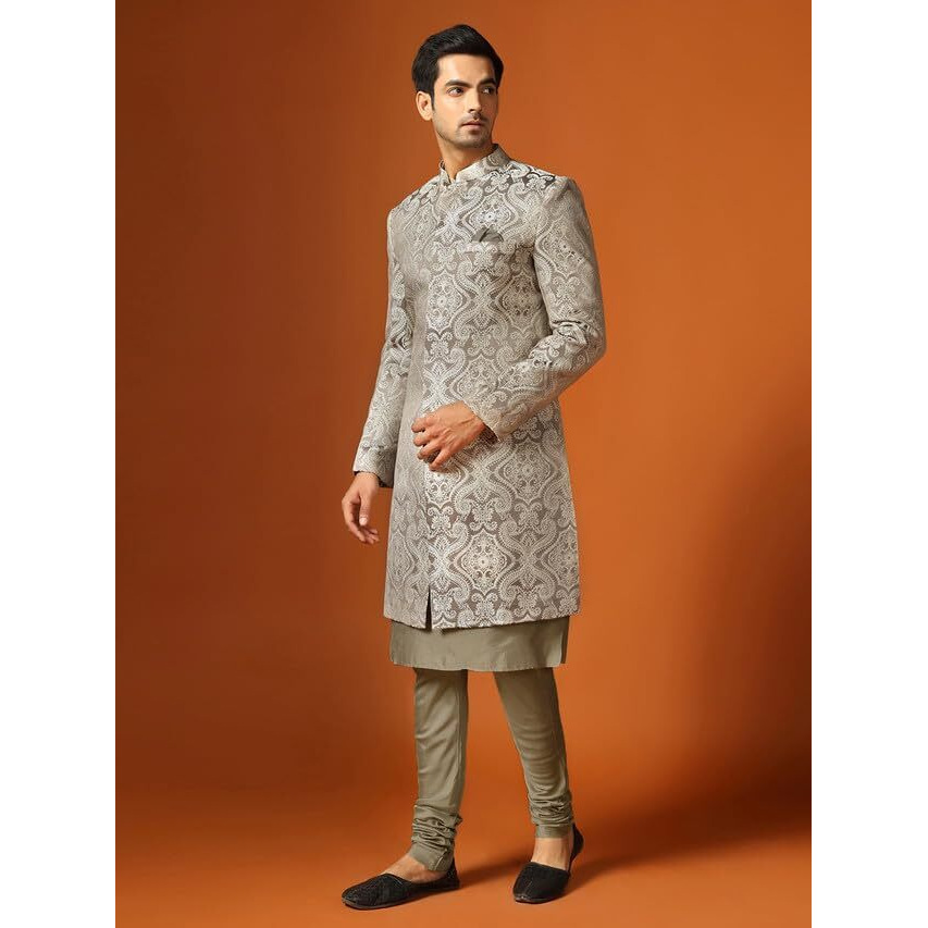 Kisah Mens Kurta Sherwani Churidar Set, Woven Design Silk Blend Grey Kurta Indo-Western Set For Men, 44