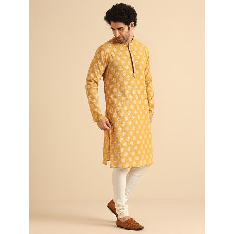 Kisah Men's Kurta Churidar Set, Yellow Cotton, Foil Print Regular Fit Mandarin Collar Long Sleeves (44)