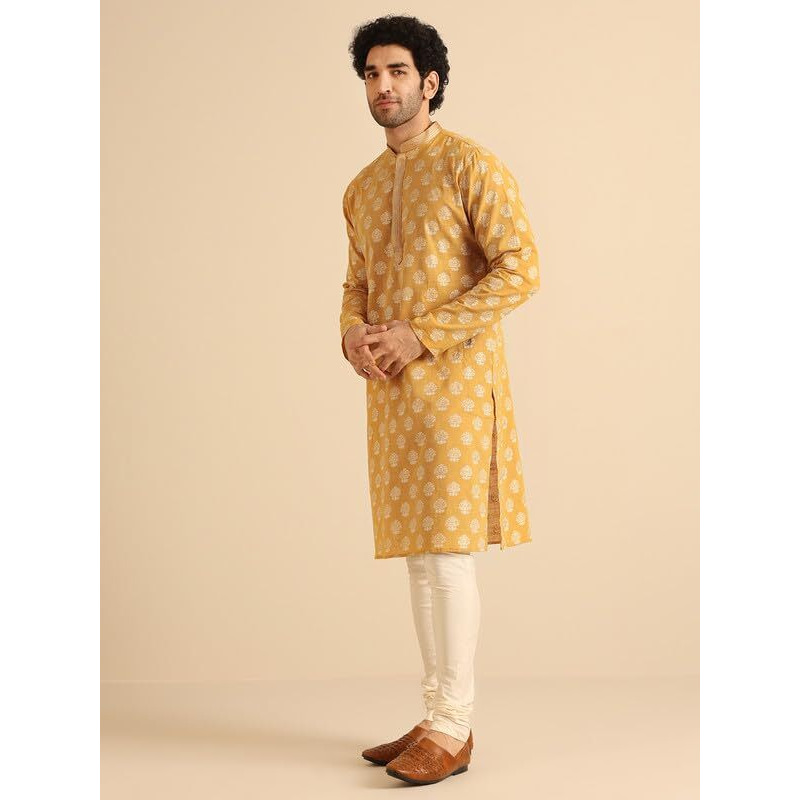 Kisah Men's Kurta Churidar Set, Yellow Cotton, Foil Print Regular Fit Mandarin Collar Long Sleeves (44)