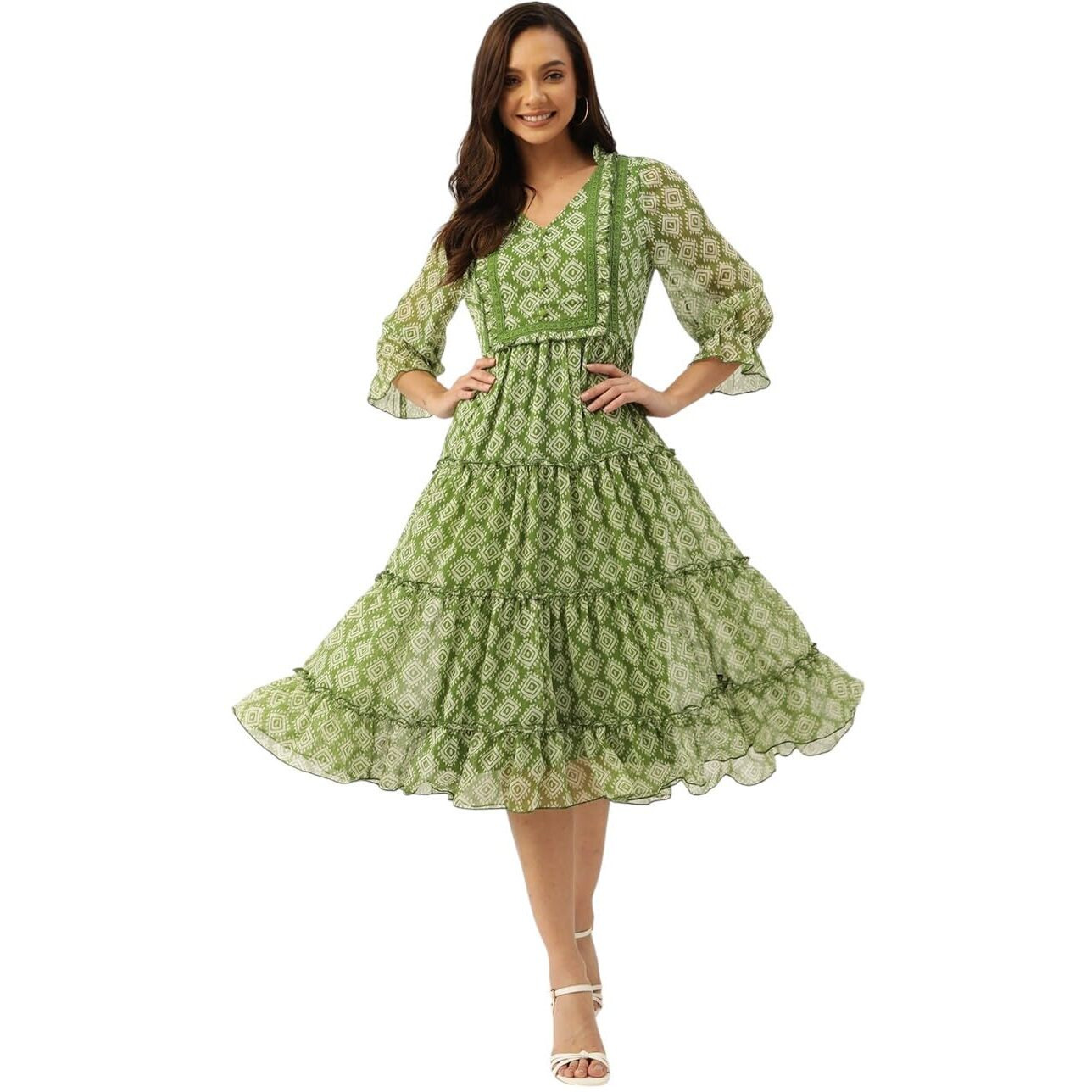 Litzo Women's Georgette A-Line Maxi Dress (L-67-M_Green