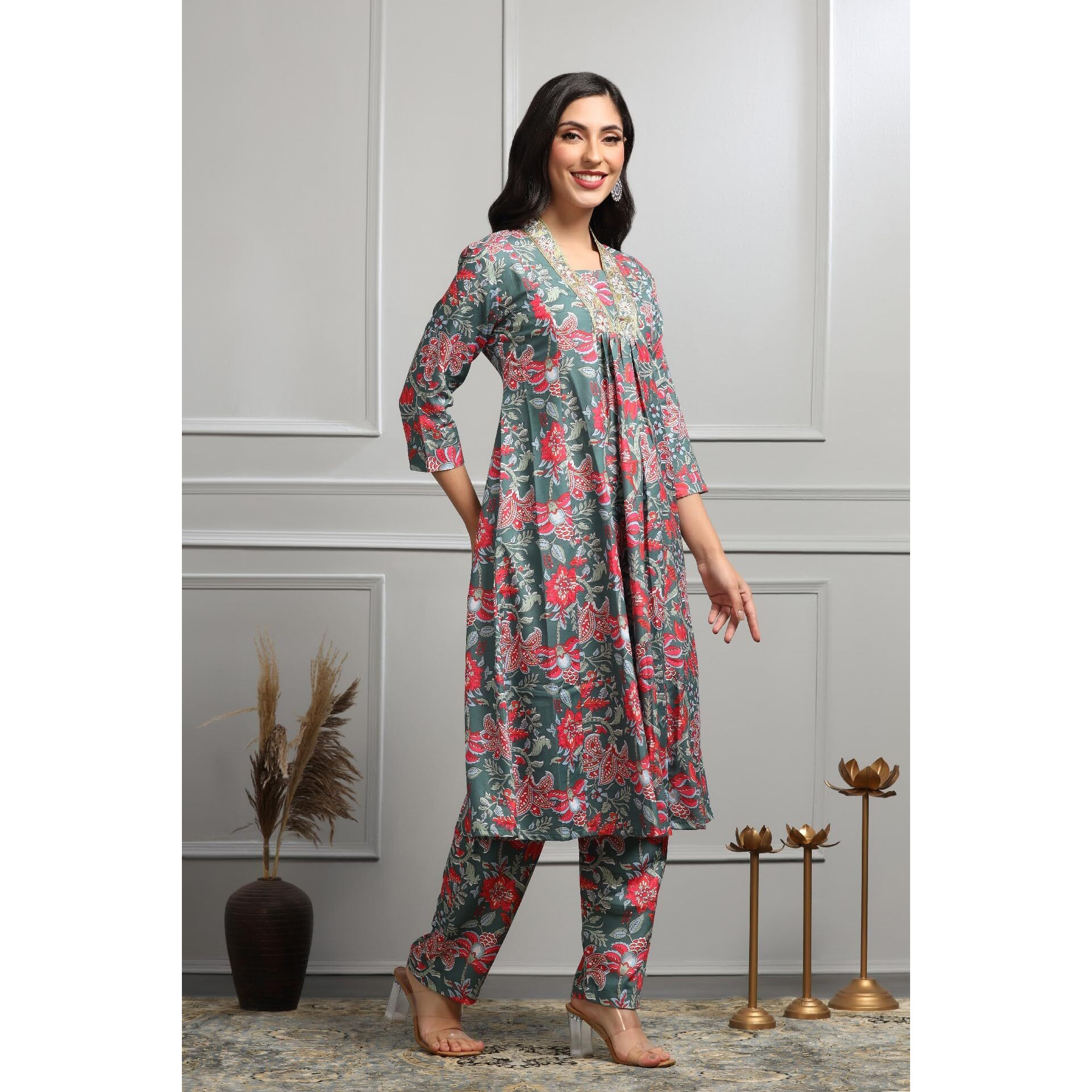 Om Sai Latest Creation Alia Cut Kurta Set For Women | Alia Cut Anarkali Set For Women | Embroidery Kurta Set For Women. (X-Large, Olive)