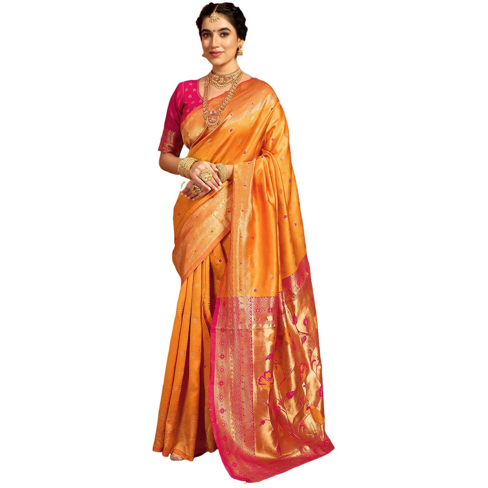 Satrani Women's Silk Paithani Jacquard Saree With Unstitched Blouse Piece (4048S6335N_Turmeric Yellow & Rani Pink)