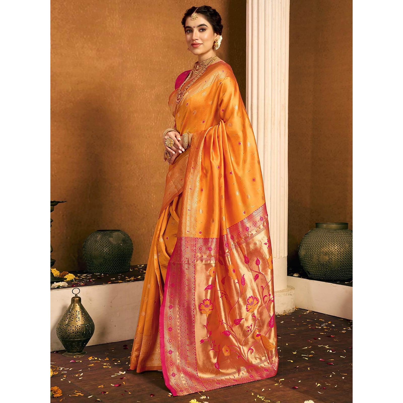 Satrani Women's Silk Paithani Jacquard Saree With Unstitched Blouse Piece (4048S6335N_Turmeric Yellow & Rani Pink)
