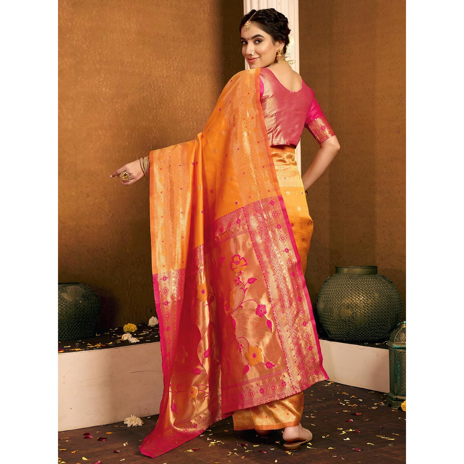 Satrani Women's Silk Paithani Jacquard Saree With Unstitched Blouse Piece (4048S6335N_Turmeric Yellow & Rani Pink)
