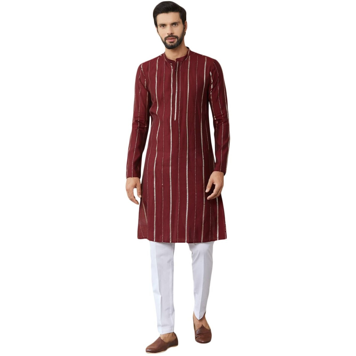 See Designs Men's Long Sleeve Mandarin Collar Side Slit Maroon Sequins Embroidered Pure Chanderi Silk Straight Kurta With Pyjama - Sdkt253801M