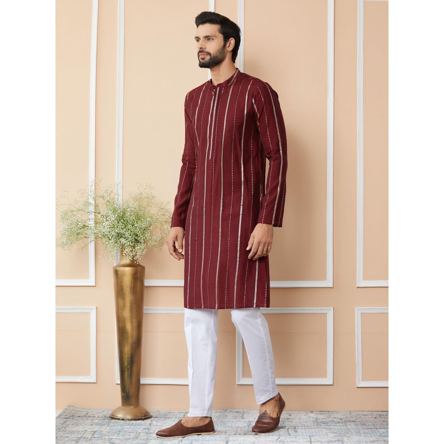 See Designs Men's Long Sleeve Mandarin Collar Side Slit Maroon Sequins Embroidered Pure Chanderi Silk Straight Kurta With Pyjama - Sdkt253801M