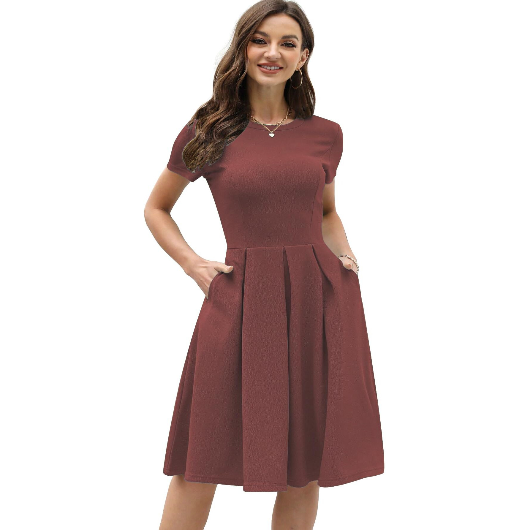 Shasmi Girl's & Women's Solid Rust Brown Color Solid Slant Pocket Fold Pleated, Women Cocktail Party Vintage Style With Pockets Big Swing Simple Retro Dress (Dress 166 Brown-Xl)