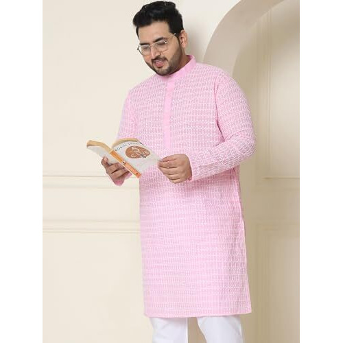 Sojanya Plus(Since 1958) Men's Pure Cotton Pink Kurta With White Embroidery