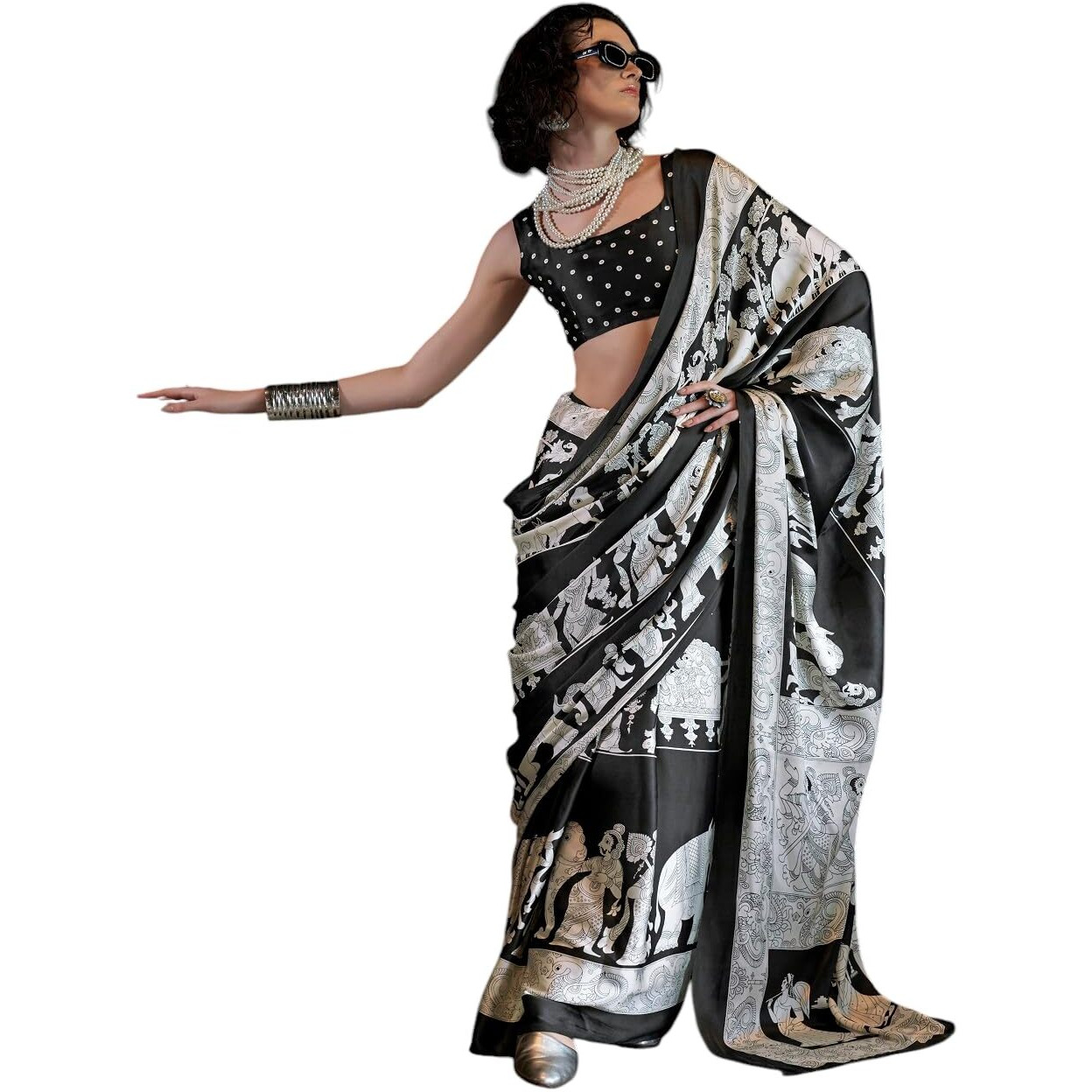 Stylum Women's Printed Satin Saree With Unstitched Blouser Piece (Srbazukawhite_White)