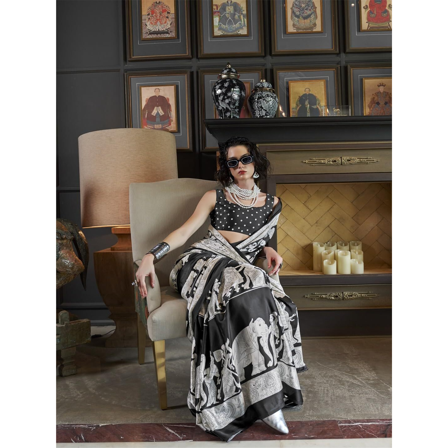 Stylum Women's Printed Satin Saree With Unstitched Blouser Piece (Srbazukawhite_White)