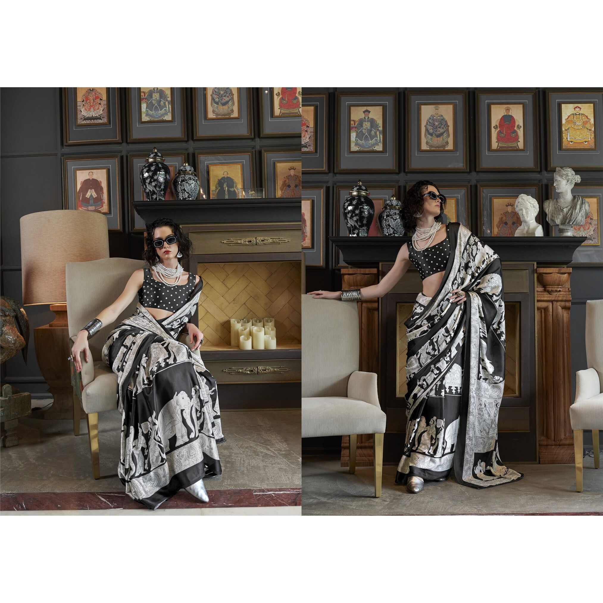 Stylum Women's Printed Satin Saree With Unstitched Blouser Piece (Srbazukawhite_White)