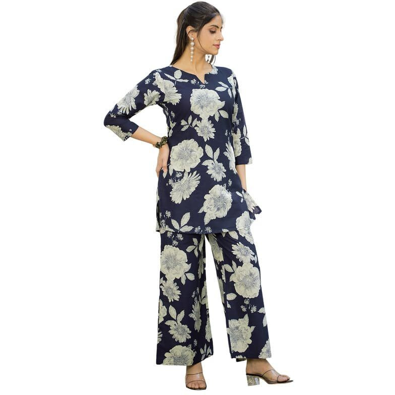 Tee Projekt Cotton Ethnic Wear Co Ord Set For Women | Festive Co Ord Set For Women Navy Blue