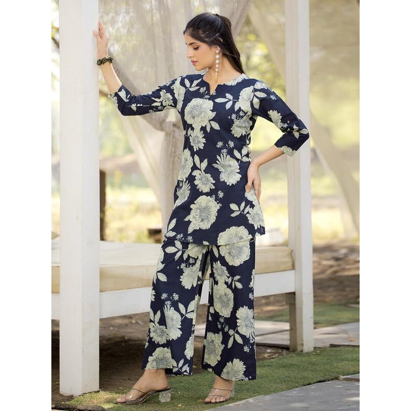 Tee Projekt Cotton Ethnic Wear Co Ord Set For Women | Festive Co Ord Set For Women Navy Blue