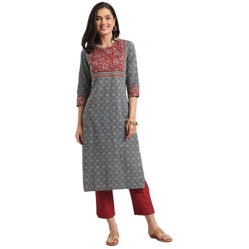 Varanga Women Blue & Maroon Printed Round Neck Straight Kurta With Contrast Yoke & 3/4Th Sleeves (Small)