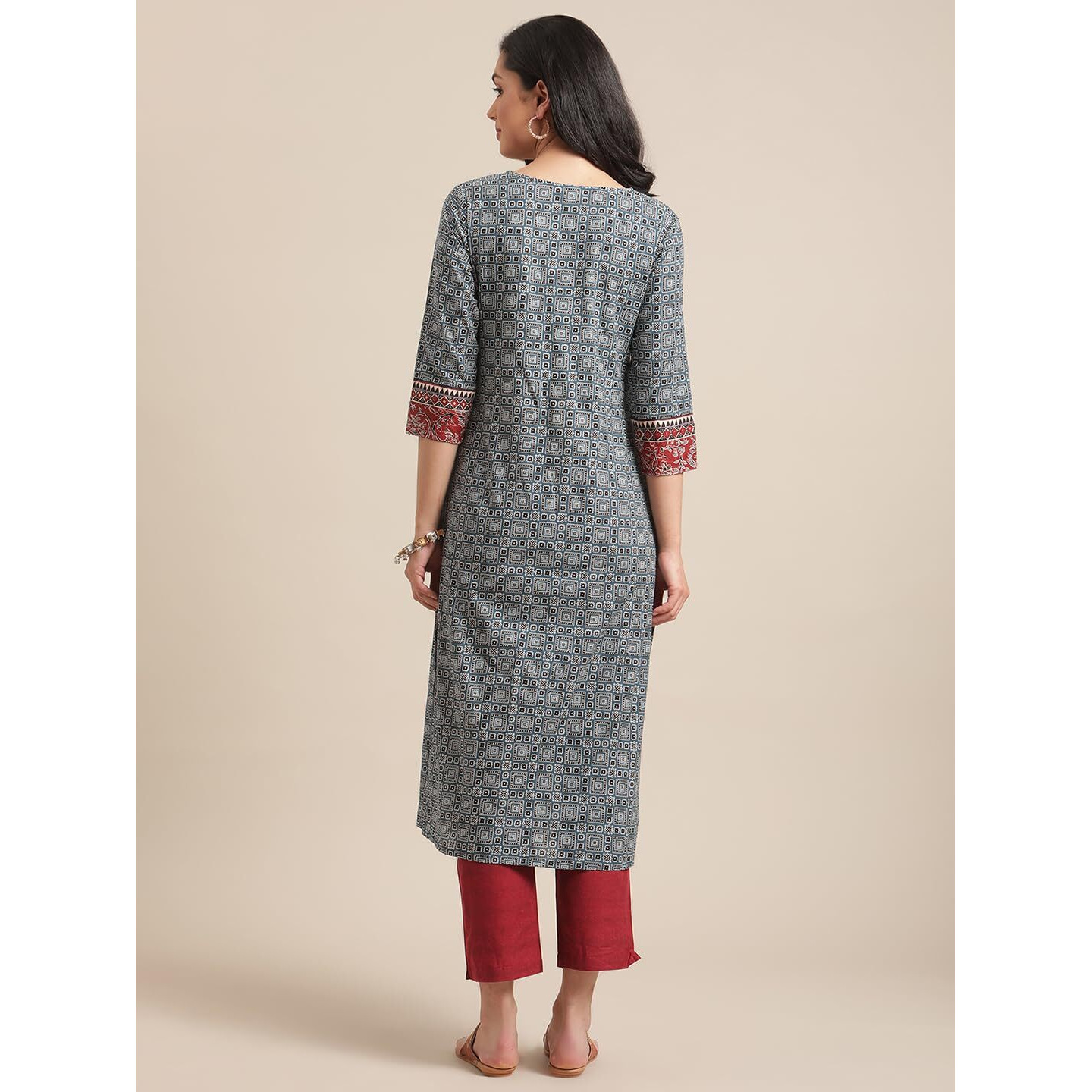 Varanga Women Blue & Maroon Printed Round Neck Straight Kurta With Contrast Yoke & 3/4Th Sleeves (Small)