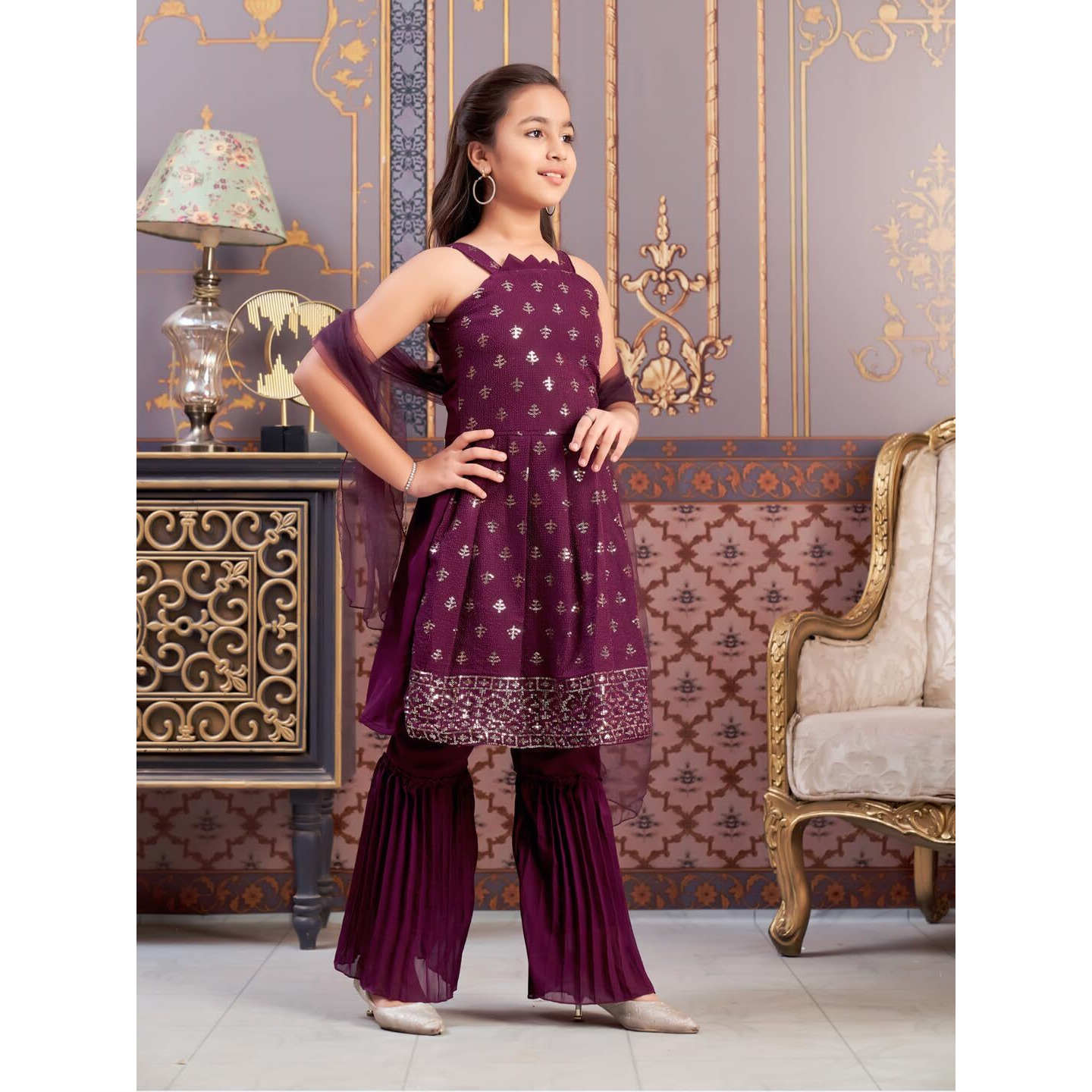 Aarika Girls Ethnic Wear Wine Colour Sequin Embroidery Georgette Kurta Sharara Set With Dupatta-3-13 Years (Sh-Shm-5002)
