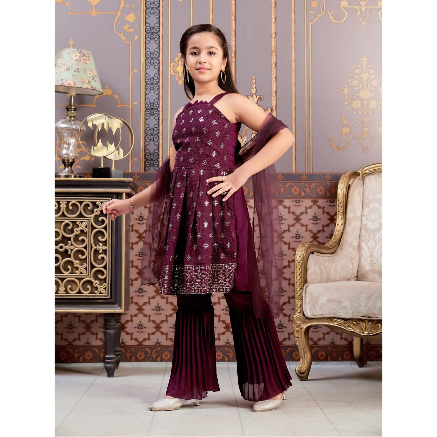 Aarika Girls Ethnic Wear Wine Colour Sequin Embroidery Georgette Kurta Sharara Set With Dupatta-3-13 Years (Sh-Shm-5002)