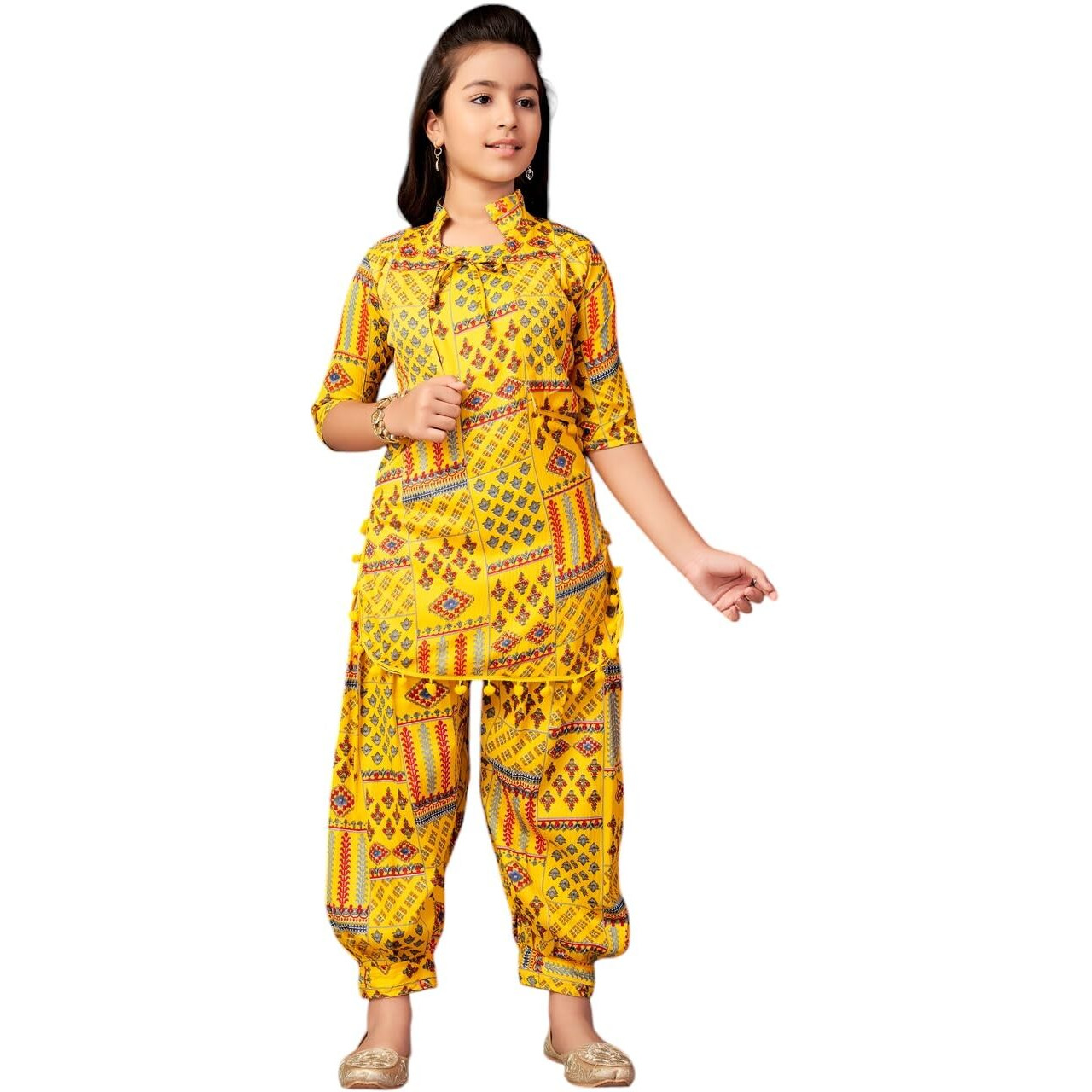 Aarika Girls Ethnic Wear Yellow Colour Abstract Print Polycrepe Kurti Patiala Set-3-13 Years (Pt-Shm-5013)