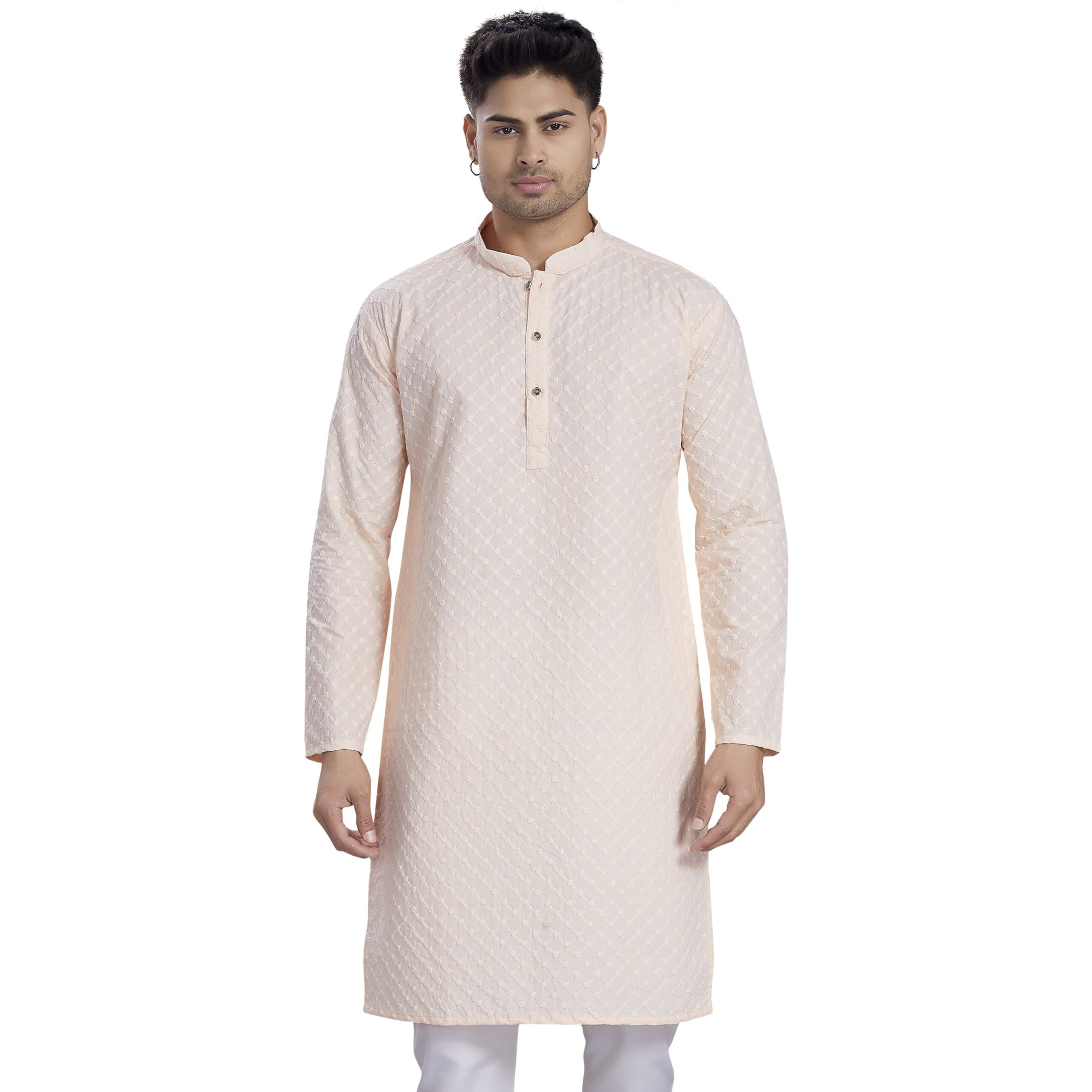 Divisive Men's Thread Embroidered Cotton Only Slim Fit Kurta (Dkrt640_S_Peach)