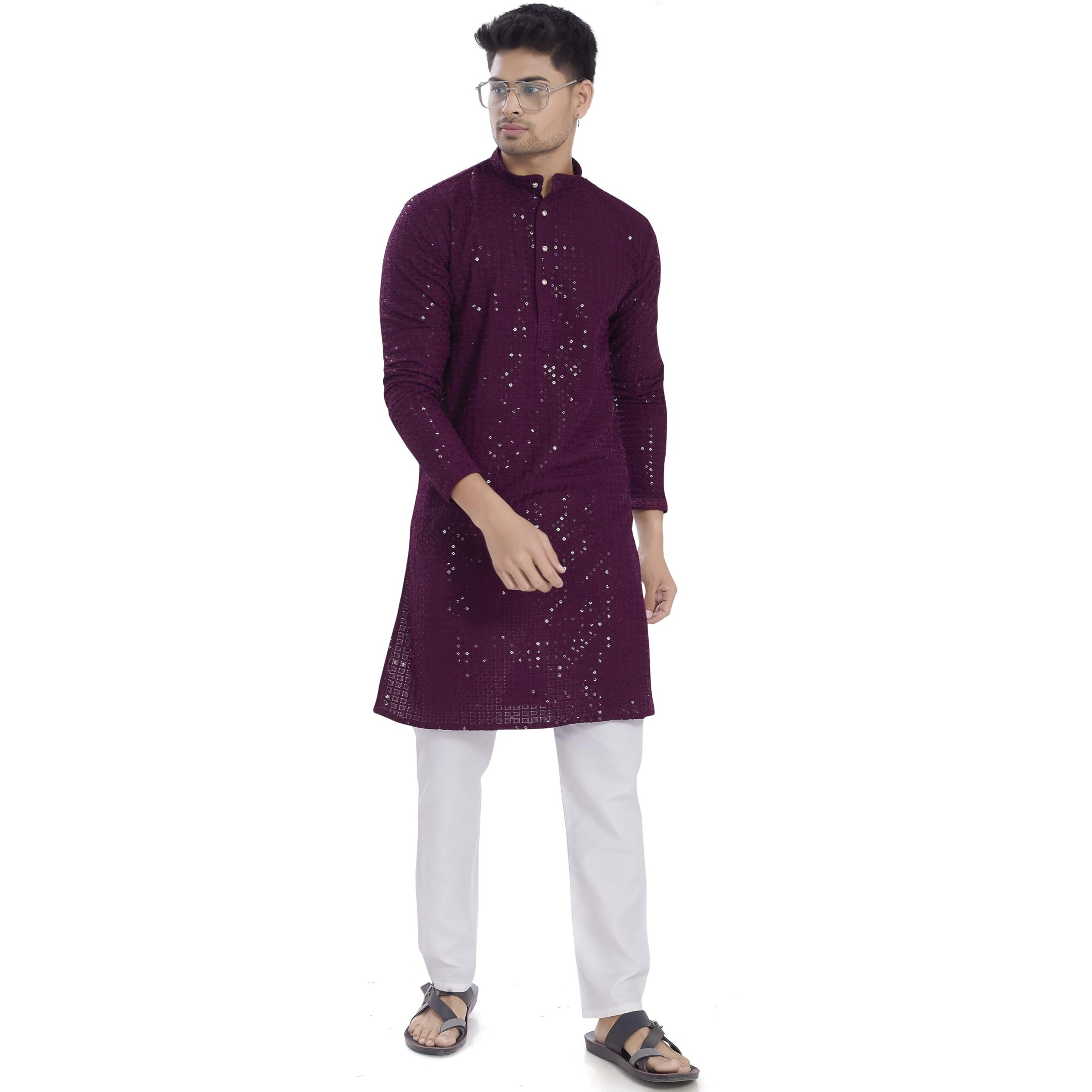 Divisive Men's Sequince Embroidered Cotton Blend Only Slim Fit Kurta (Dkrt1144_Xl_Burgundy)