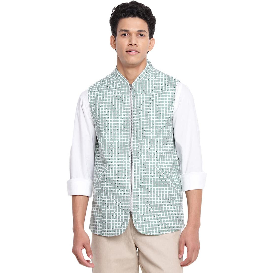 Fabindia Men Cotton Printed Jacket Green_M