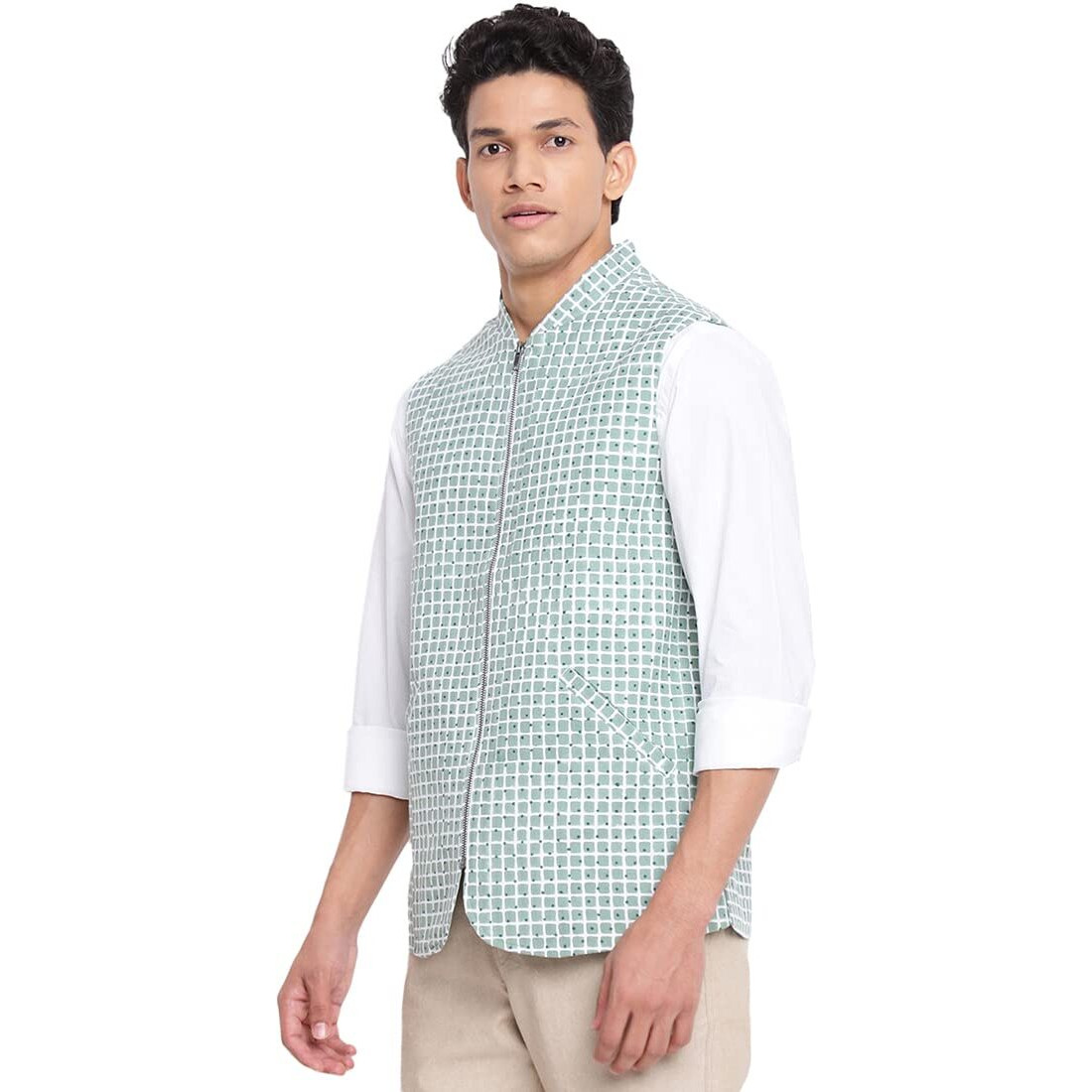 Fabindia Men Cotton Printed Jacket Green_M